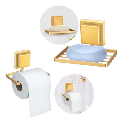 Saboneteira + Porta Papel Higiênico Sem Furo 3m Dourado Fosc 1