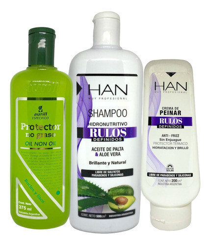 Kit Rulos Definidos Shampoo Han+gel Aurill+ Crema Peinar Han 0
