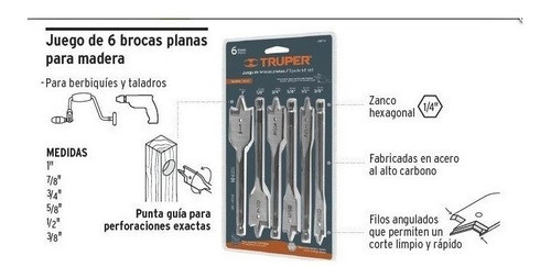 Juego Acero Mechas Espada Planas Broca Kit 6 Piezas Truper 1