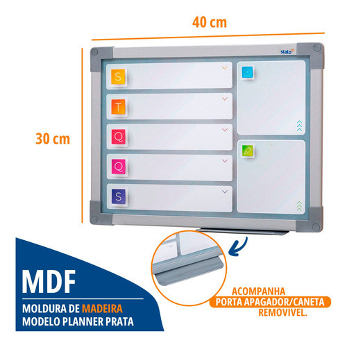 Planner Semanal Parede 40x30cm Lousa Planejador Prata 1
