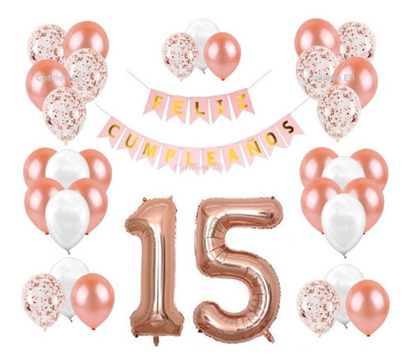 Combo Feliz Cumpleaños Rosa Gold  Banderin 15 Años 1 Metro 0 Combo Feliz Cumpleaños Rosa Gold  Banderin 15 Años 1 Metro 0