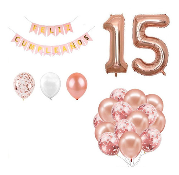 Combo Feliz Cumpleaños Rosa Gold  Banderin 15 Años 1 Metro 1 Combo Feliz Cumpleaños Rosa Gold  Banderin 15 Años 1 Metro 1
