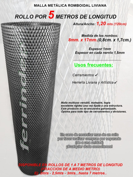 Malla Metál Romboidal Desplegado 8x17mm Rollo 1,20m X 5mts 1