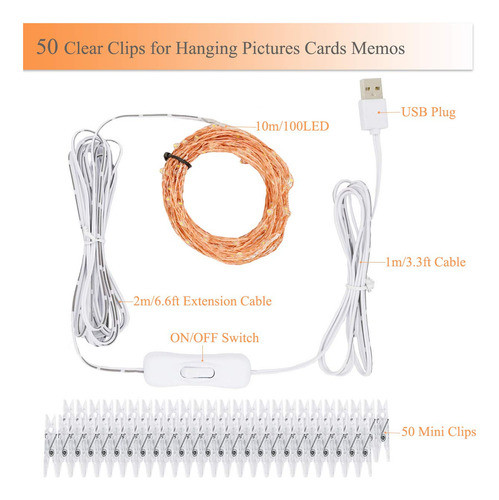 Decute 100 Luces Led Con 50 Clips De Fotos, Cadena De Luces 1