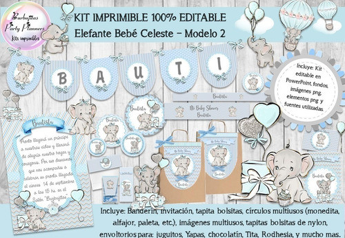 Kit Imprimible Elefante Celeste Bebe Modelo 2 100% Editable 0