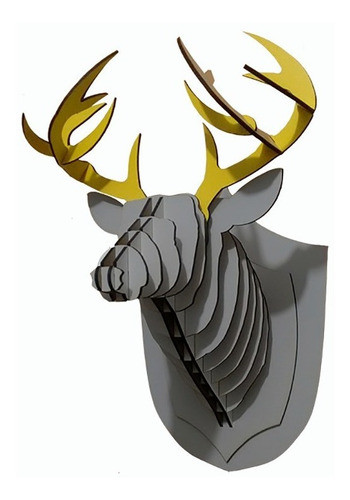 Cabeça De Alce/cervo/veado Cinza E Amarelo - Mdf - Grande 1