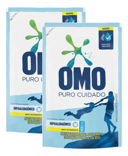 2 Detergente Lava Roupa Liquido Omo Puro Cuidado Sache 900ml 0