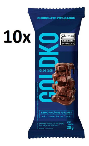 Kit 10 Barra Chocolate 70% Cacau Zero Adição De Açúcares 20g 0