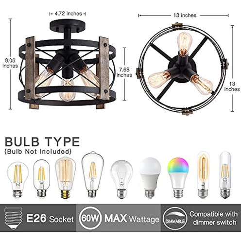 Lámpara De Montaje Empotrada, Lámpara De Techo Rústica De 13 1