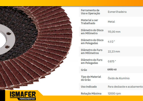 Disco Flap Esmerilhadeira 4.1/2 Zircônio Grão 40 20 Peças 1