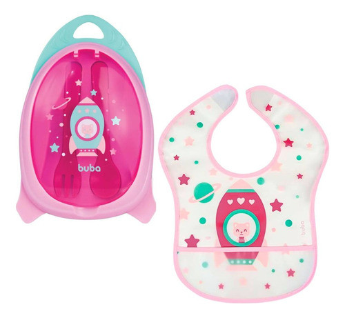 Kit Refeição Mais Babador Com Bolso Foguete Rosa - Buba 0