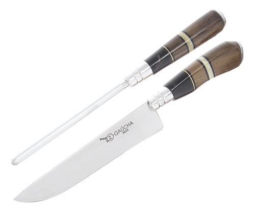 Conjunto Faca Em Inox E Chaira Com Cabo De Madeira E Chifre 0