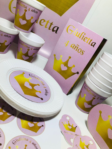 Cotillón Infantil Personalizado X 10 Corona Rosa Y Dorado 1