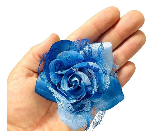 12 Pcs Flor De Tecido Com Rendas  9cm - Azul 0