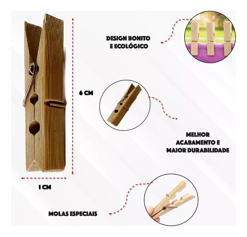 Grampo Pregador Prendedor Roupas De Bambu 20 Pçs Durável 1