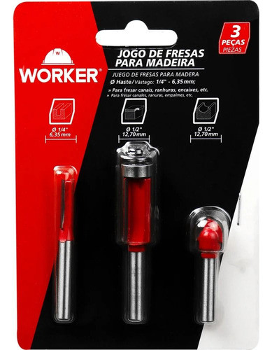 Jogo De Fresas Para Madeira Com 3 Peças 1/4  6,35mm Worker 0