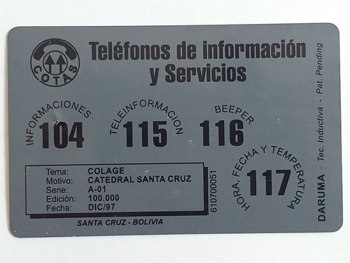 Ct161= Cartao C0tas Daruma Bolivia = Desc,5,00 Ver Abaixo 1