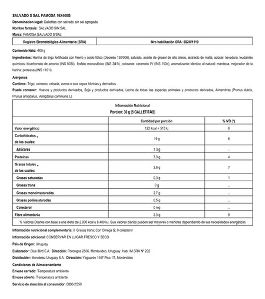 Galletas Salvado S/sal Famosa 400 Grs. 1