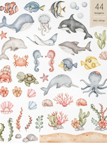 Kit Imagenes Png Cliparts Animales Mar Oceano Acuarela Ni14 1