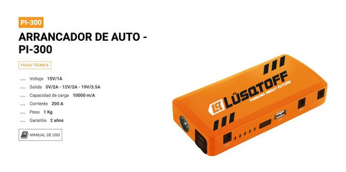 Cargador Batería Arrancador Auto Usb Lusqtoff Pi-300 Luz Led 1