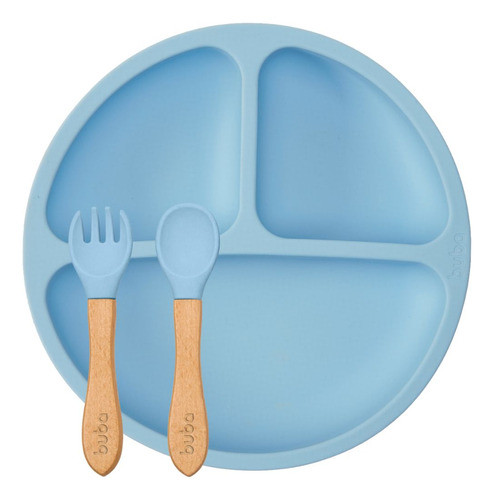 Kit Prato Com Ventosas Talheres Em Bambu Silicone Azul Buba 0