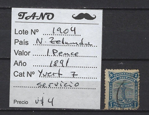 Lote1904 Nueva Zelanda 1 Penny Año 1891 Yvert# 7 Servicio 1
