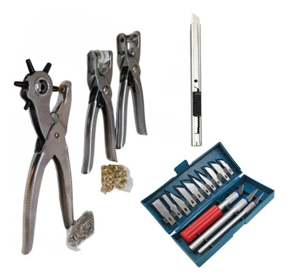 Set Pinzas Sacabocado+ojalillar+broches+set Bisturí+cutter 0