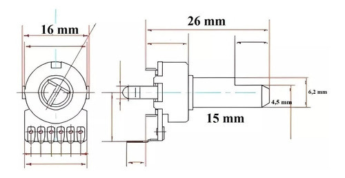 Kit 2 Potenciômetro 50k 6 Terminais B503 Eixo L25 1