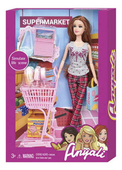 Juguete Muñeca Articulada Con Set De Supermercado 13 Piezas 0