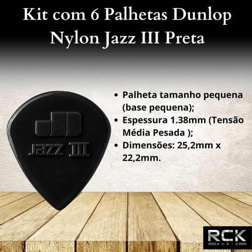 Kit Com 6 Palhetas Dunlop Nylon Jazz Iii Preta 1
