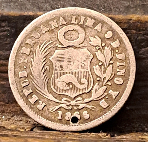 Peru Moneda 1 Dinero 1866, Plata.  Agujereada 0