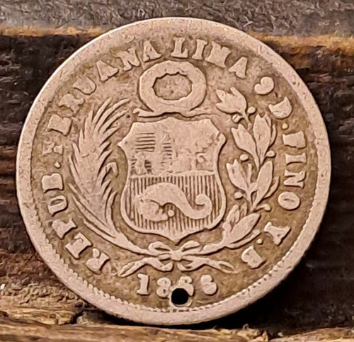Peru Moneda 1 Dinero 1866, Plata.  Agujereada 1