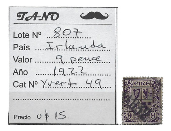 Lote807 Irlanda 9 Pence Año 1922 Yvert# 49 0