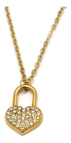Collar Corazón Candado Cristal 50cm De Acero Dorado 0