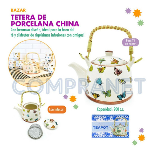 Tetera Porcelana China, 900c.c, Diseño Mariposas - 11835 1