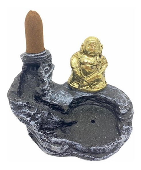 Incensário Cascata Buda Metal Dourado 7 Cm Em Resina 0