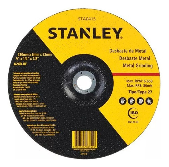 05un Disco Desbaste Metal 9'' 230x6,0mmx22 - Stanley Sta0415 0