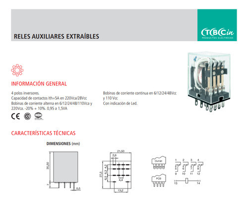 Rele Auxiliar Extraible 4 Polos Bobina 12vca Tbcin 1