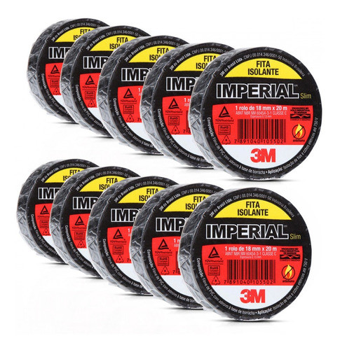 Kit 10 Rolos Fita Isolante Imperial 18mm X 20m Preta 3m 0