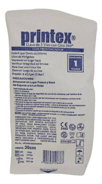 Llave 3 Vías C/prolongador 30cm X 25 Unidades Marca Printex 1