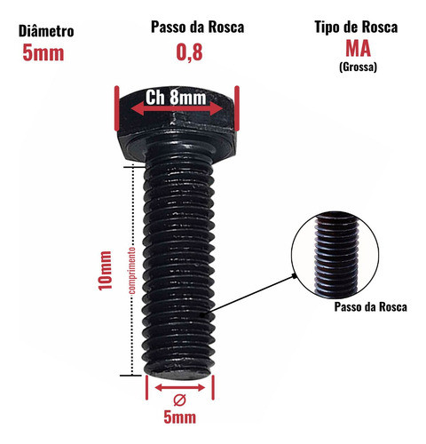 50 Un Parafuso Sextavado M05 X 10mm Aço 8.8 Inteira Fio 0,8 1