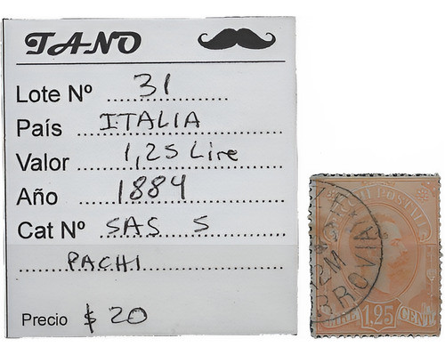 Lote31 Italia 1.25 Lire Año 1884 Sassone#5  Pacchi Postale 0