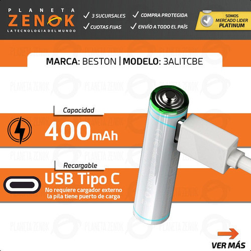 Pila Recargable Aaa Beston 400mah Usb Tipo C 1.5v Luz Led 1