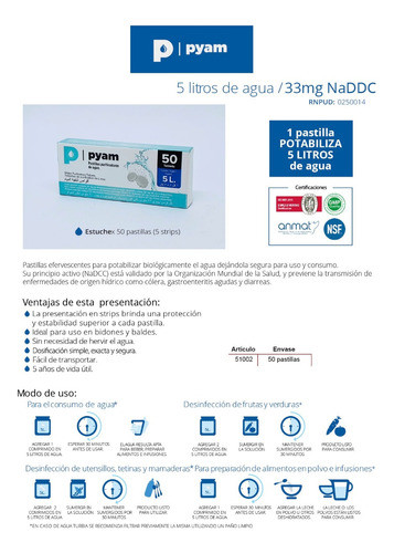 Pastillas Potabilizadoras De Agua Pyam 5 Litros 50 Unidades 1