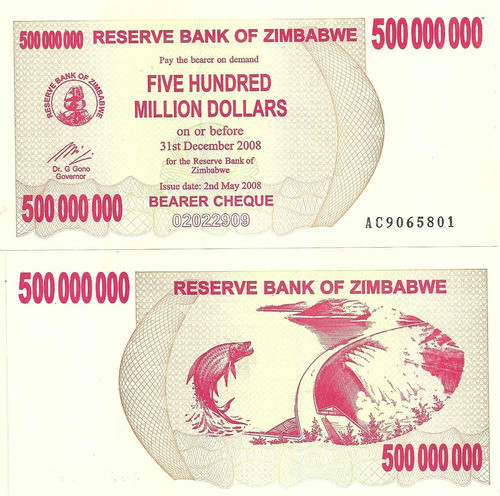 2 Billetes Zimbawe 500 Milllones Y 5 Billones Pez Jirafas 0
