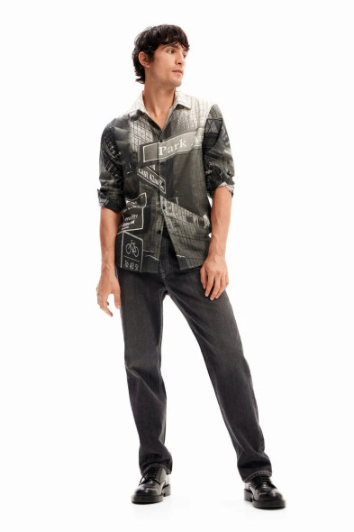 Poplin Shirt NY - Long Sleeve Shirt with New York Photo Print, Regular Fit, Cotton Material