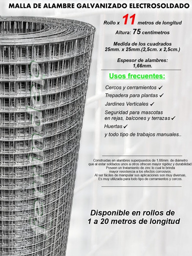 Malla Electrosoldada Cerco Alambre Galv 25x25mm 75cm X 11mts 1