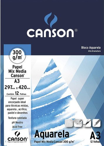 Bloco Canson Aquarela  300g/m² A3 Com 12 Folhas  66667181 1