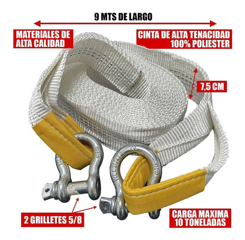 Eslinga Remolque Xxl 9 Metros 10ton + Grilletes De 5/8 4x4 1