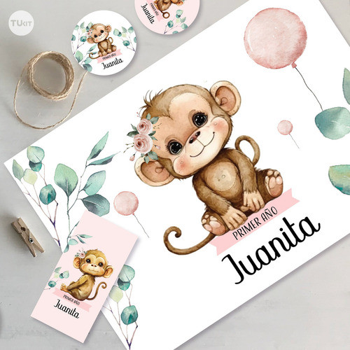 Kit Imprimible Monos Monito Flores Acuarela Tukit 1